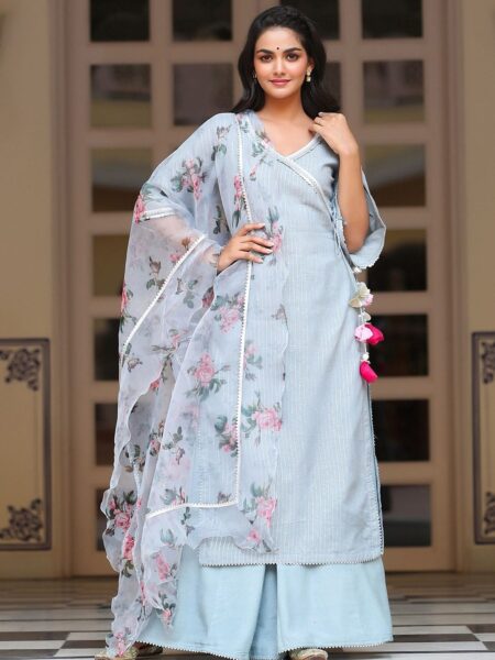 GILLORI Striped Gotta Patti Angrakha Kurta & Palazzos With Dupatta