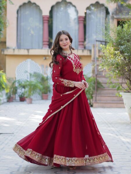 Maroon Sequins Embroidered Gown With Dupatta