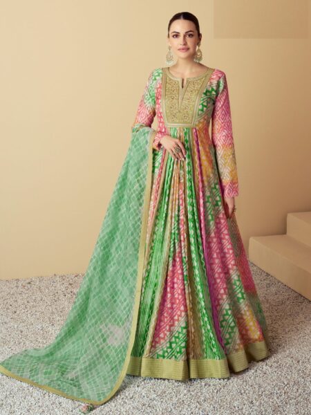 Glamorous Festival Wear Muslin Semi-Stitched Salwar Suit Collection -Green and Multi