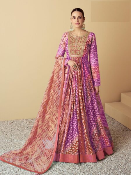 Glamorous Festival Wear Muslin Semi-Stitched Salwar Suit Collection - Purple and Peach