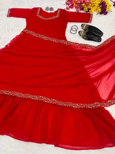 Zip & Go Digital Printed Gown Saree - Red