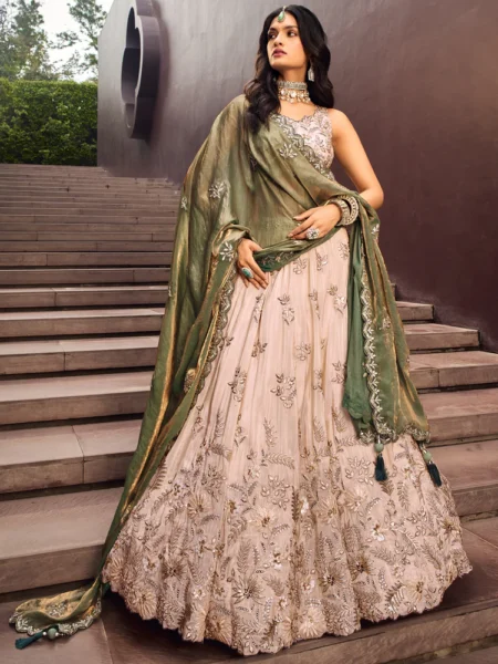 Beige Green Color Golden Sequined Using Thread,Coding & Zarkans Embroidered Viscos Semi-Stitched Lehenga choli with Contrast Dupatta