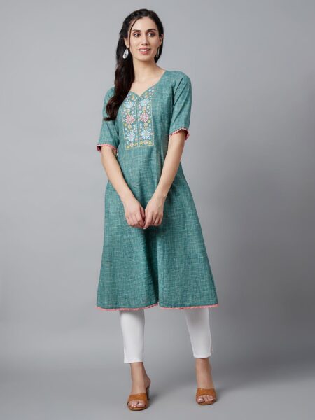 Green Embroidered A-line Kurta