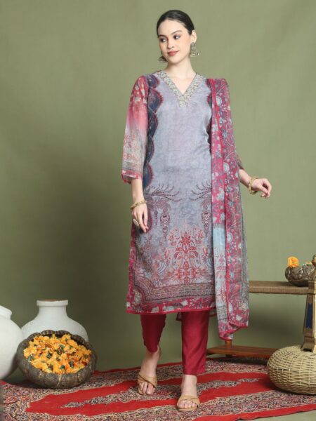 Grey Print With V-Neck Jardoshi Stitched Salwar Suit