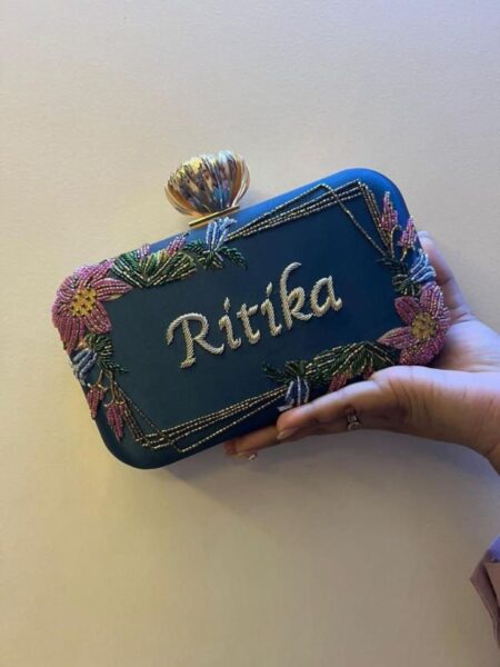 Rose Knob Highlighted Embroidered Name Clutch