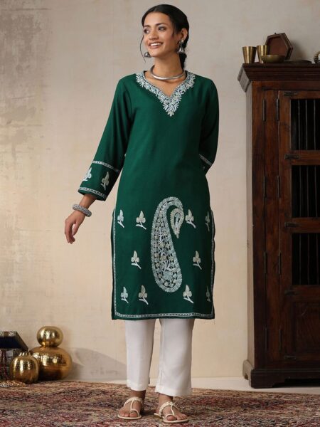 House of Chikankari Ethnic Motifs Embroidered Thread Work Woollen Straight Kurta
