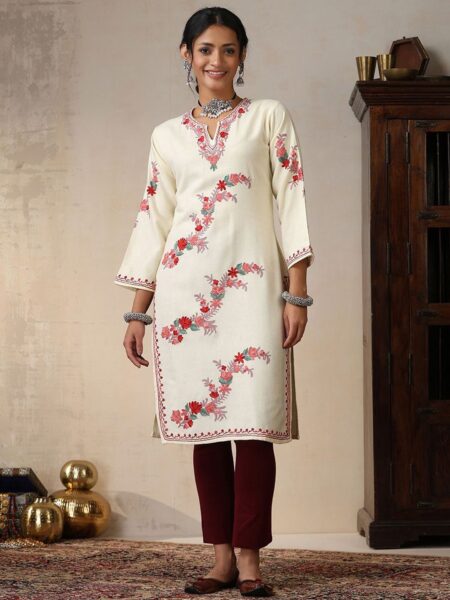 House of Chikankari Floral Embroidered Thread Work Woollen Straight Kurta