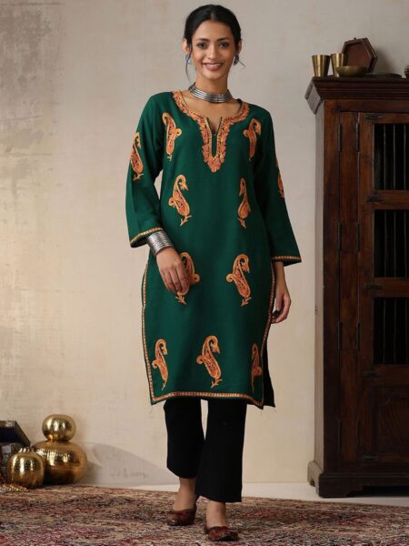 House of Chikankari Paisley Embroidered Thread Work Woollen Straight Kurta