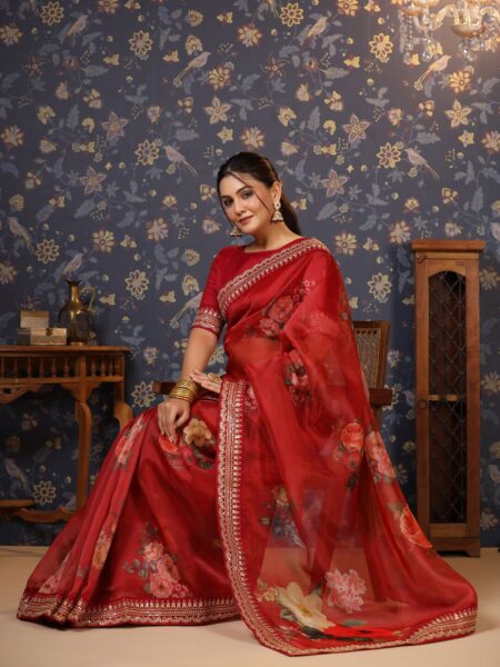 House of Pataudi Embroidered Organza Saree