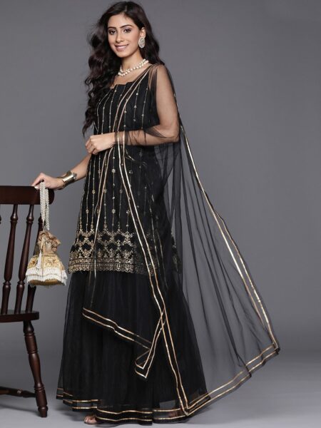 Inddus Women Black & Golden Embroidered Sequinned Kurta with Sharara & Dupatta