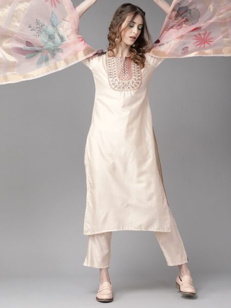 Indo Era Beige & Maroon Zari Embroidered Straight Kurta Palazzo With Dupatta Set