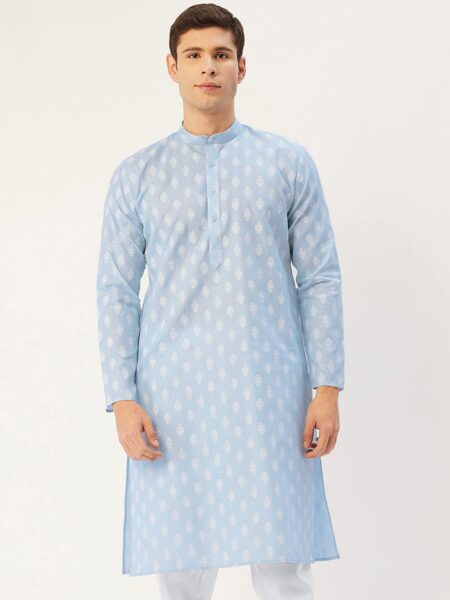 Jompers Men Blue & White Ethnic Motifs Printed Kurta