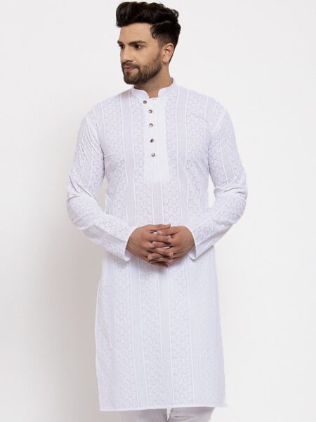 Jompers Men White Cotton Embroidered Chikankari Kurta