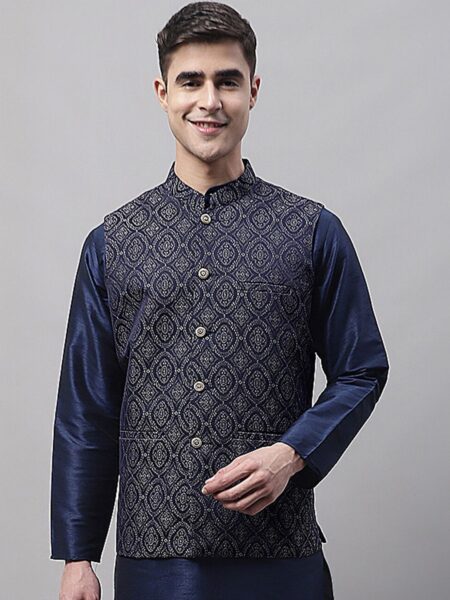 Men Woven Design Mandarin Collar Nehru Jacket