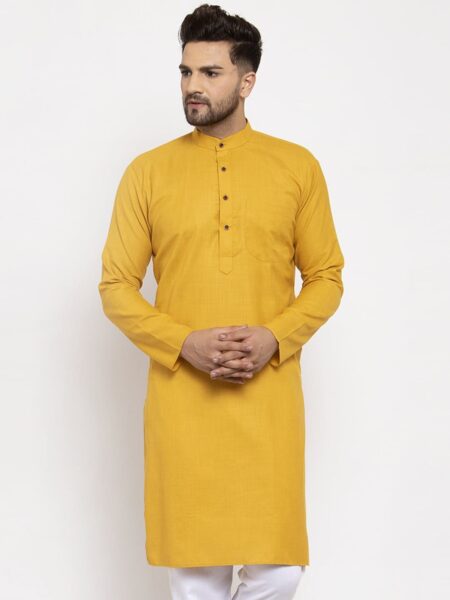 Jompers Men Yellow Solid Cotton Kurta