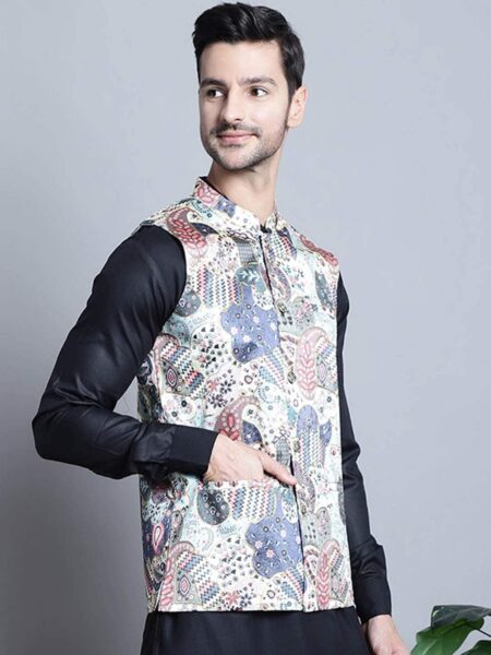 Jompers Printed Cotton Silk Nehru Jacket