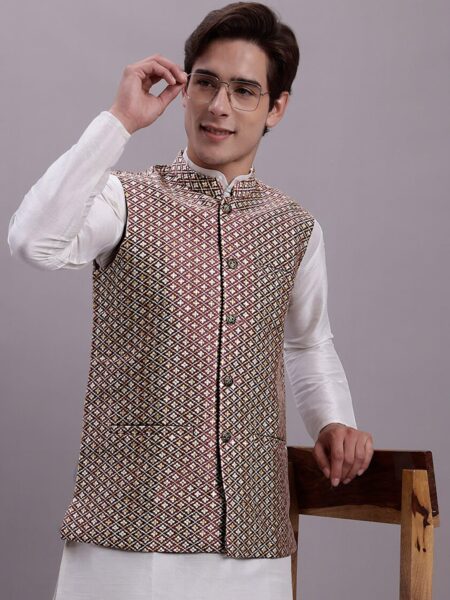 Jompers Woven Design Mandarin Collar Nehru Jacket