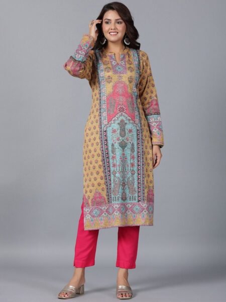 Juniper Ethnic Motifs Printed Band Collar Straight Kurta