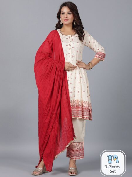 Juniper Ethnic Motifs Printed Panelled Thread Work Kurta With Trousers & Dupatta