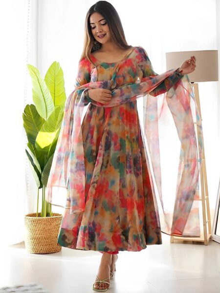 KALINI Abstract Printed Gotta Patti Anarkali Kurta With Trousers & Dupatta