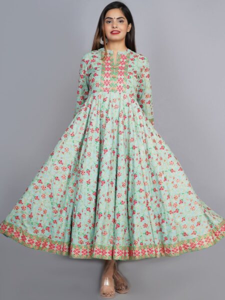 KALINI Women Sea Green & Pink Floral Printed Anarkali Kurta