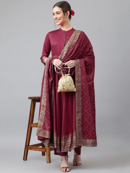Khushal K Women Maroon Ethnic Motifs Kurta with Churidar & With Dupatta