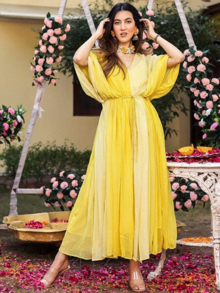 Lavanya The Label Kimono Sleeves Gathered Maxi Fit & Flare Dress