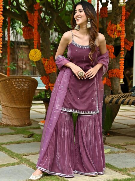 Lavanya The Label Women Purple Floral Sequinned Velvet Kurti with Sharara & Dupatta