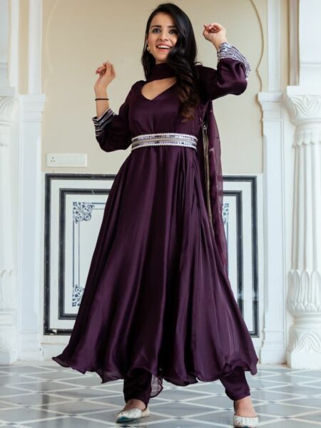 Lavanya The Label Women Purple Pleated Kurta with Trousers & With Dupatta