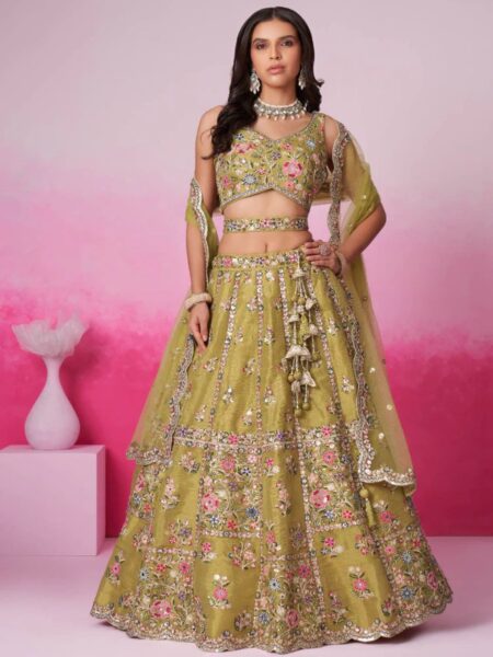 Mustard - Bridal Net Sequins, Moti, Mirror and Thread Embroidered Semi-Stitched Lehenga