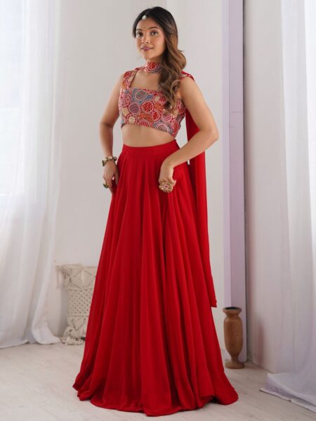Alluring Red Georgette Party Wear Lehenga Choli With Dupatta