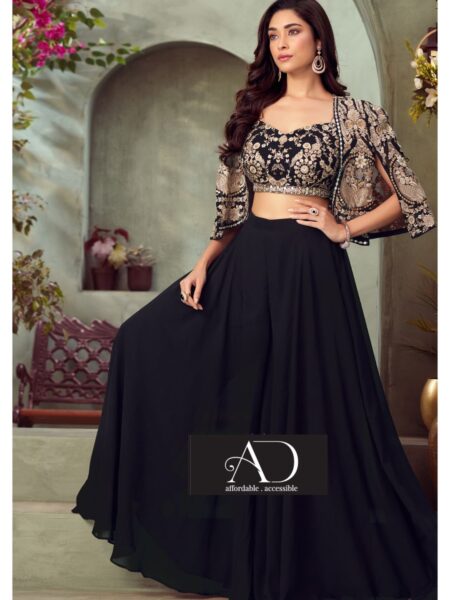 Midnight Black Bel Buti Embroidered Indo Western with Bird Motifs And Sequin Work