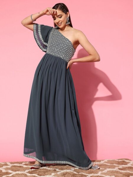 Libas Embellished Embroidered One Shoulder Flared Sleeves Georgette Maxi Dress