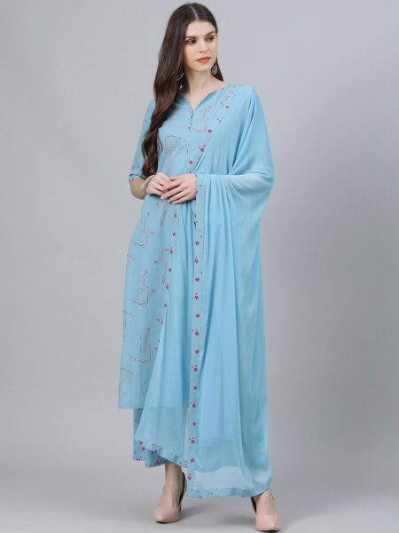 Libas Women Blue Printed Kurta with Palazzos & Dupatta