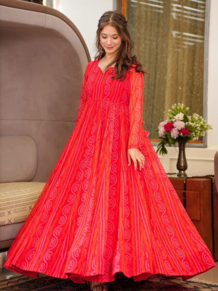 Red Beautiful Digital Printed Ethnic Wear Gown