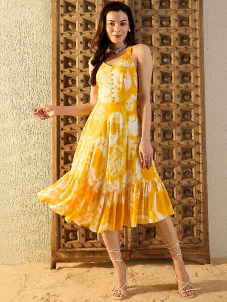 MABISH by Sonal Jain Tie and Dye Printed Fit and Flare Midi Dress