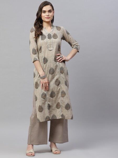 MIRAVAN Women Beige Ethnic Motifs Printed Pure Cotton Kurta with Palazzos