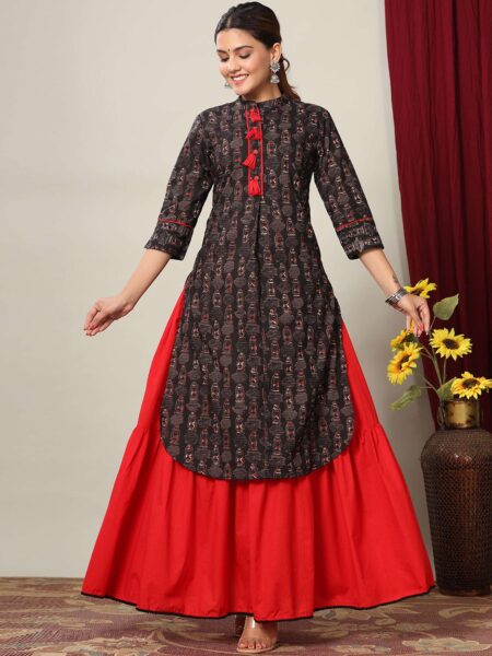 MIRAVAN Women Black Printed Empire Pure Cotton Kurta with Skirt & With Dupatta