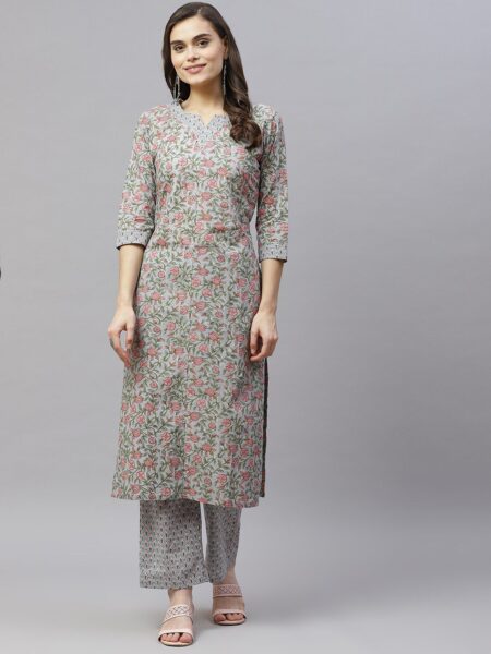MIRAVAN Women Blue Ethnic Motifs Printed Gotta Patti Pure Cotton Kurta with Palazzos