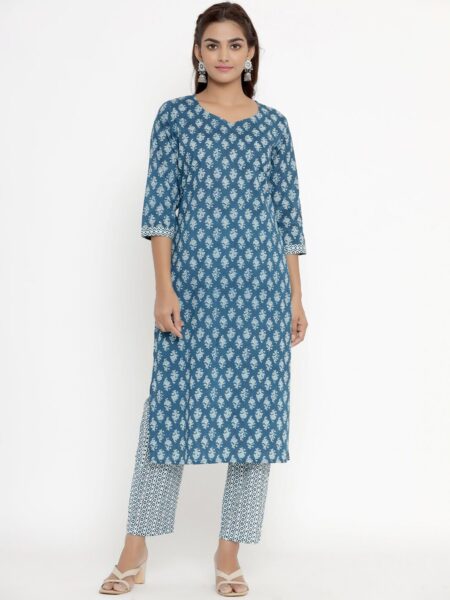 MIRAVAN Women Blue Floral Printed Pure Cotton Kurta with Trousers