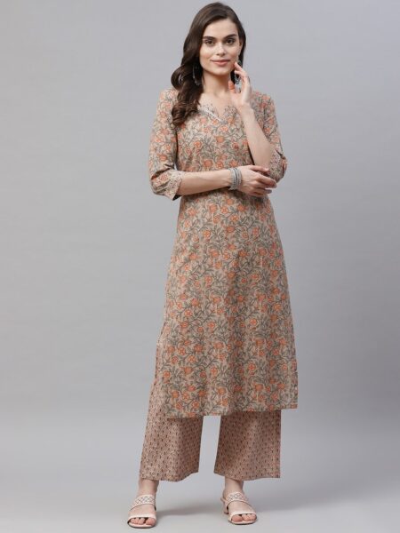 MIRAVAN Women Brown Ethnic Motifs Printed Gotta Patti Pure Cotton Kurta with Palazzos