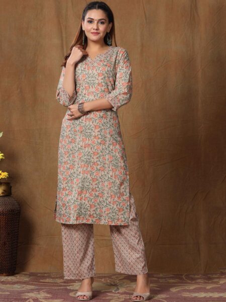 MIRAVAN Women Brown & Green Floral Printed Gotta Patti Pure Cotton Kurta with Palazzo