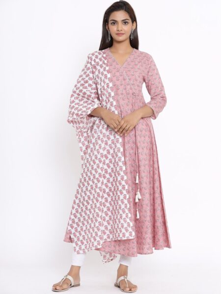 MIRAVAN Women Pink Ethnic Motifs Printed Anarkali Kurta with Dupatta