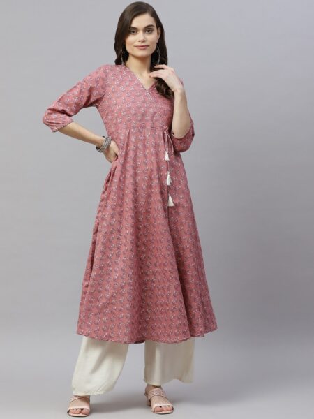 MIRAVAN Women Pink Ethnic Motifs Printed Gotta Patti Cotton Anarkali Kurta