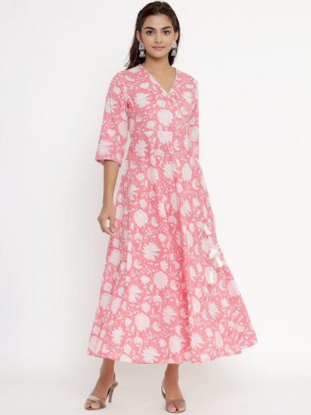 MIRAVAN Women Pink Floral Printed Anarkali Kurta