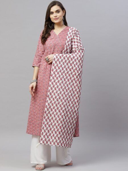 MIRAVAN Women Pink & White Ethnic Motifs Printed Gotta Patti Anarkali Kurta & Dupatta