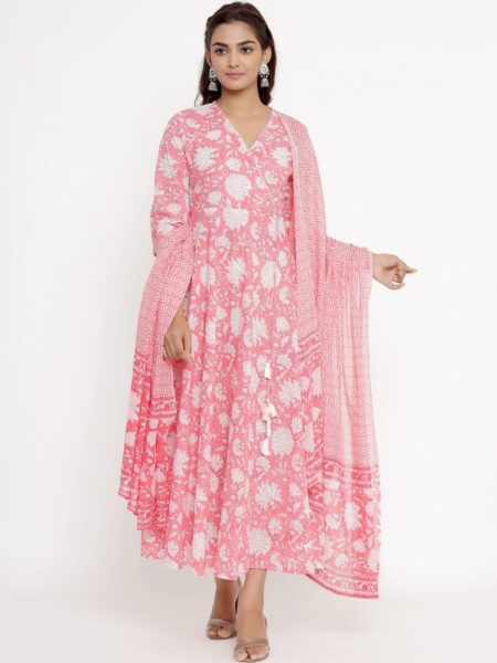 MIRAVAN Women Pink & White Floral Printed Cotton Anarkali Kurta With Dupatta