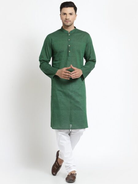 MOHANLAL SONS Men Green Thread Work Pathani Kurta
