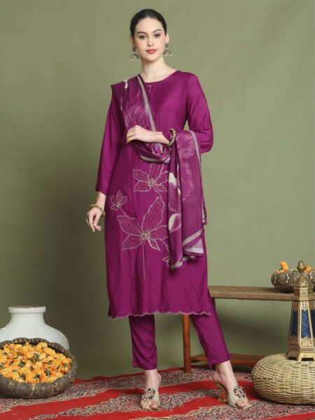 Magenta Embroidery Stitched Salwar Suit