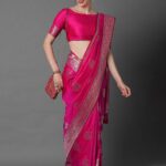 Mitera Pink & Silver-Toned Paisley Zari Silk Blend Banarasi Saree